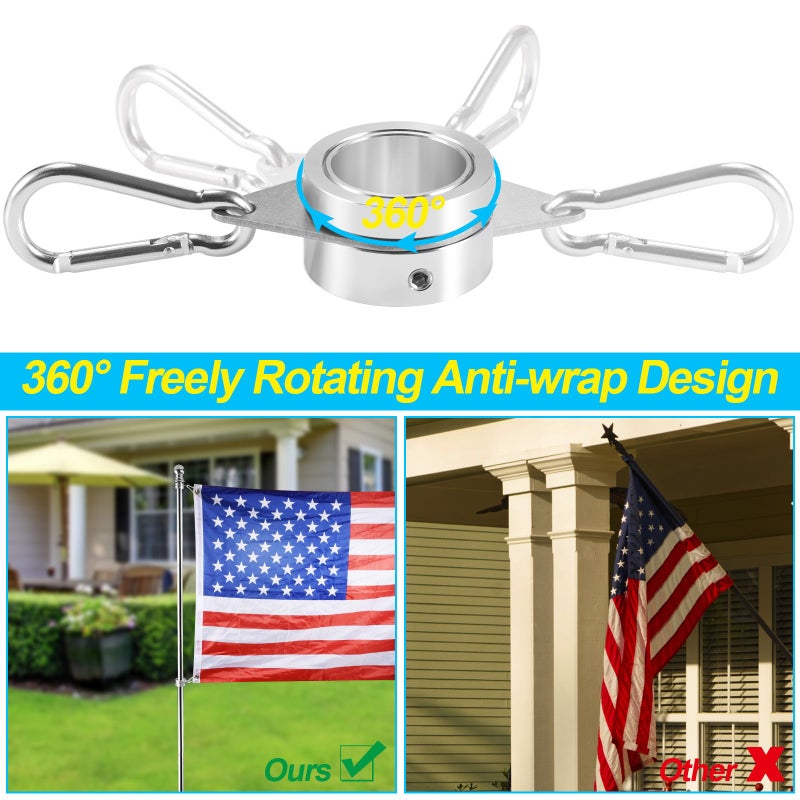BONWIN Flag Pole Rings  1"" Spinning Flagpole Ring Clips  2 Pcs Aluminum Alloy & Steel 360 Rotating Anti Wrap Flag Mounting Rings with Snap Carabiners for 0.75-1.02 Inch Diamete Flagpole (F1  Silver) - Image 3